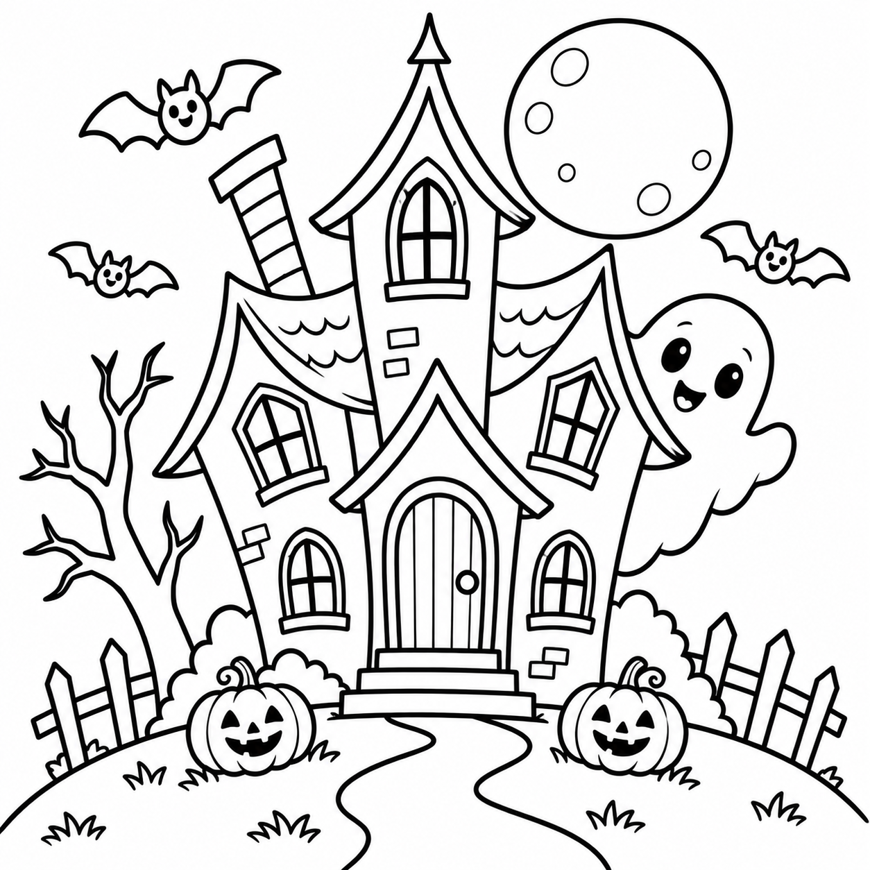 Haunted House on a Hill Halloween coloring page for kids